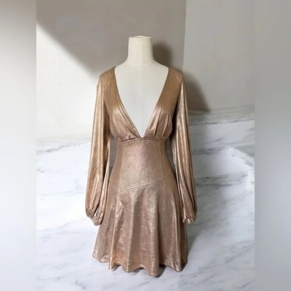 Free People Good As Gold Foil Metallic Holiday Tie Wrapped Plunge Mini Dress 4 - Picture 5 of 7